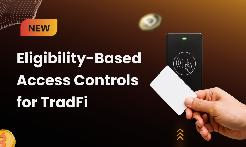 TinyTrader eligibility-based access controls interface showing user eligibility, jurisdiction status, asset visibility, and asset-level allowlists